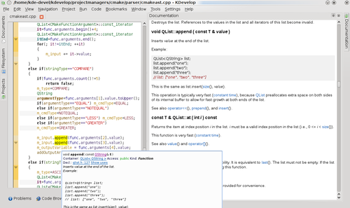 Documentation tool view inside KDevelop